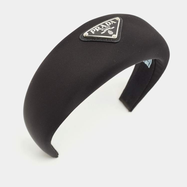 Pre Owned Prada Black Satin Triangle Logo Wide Headband 