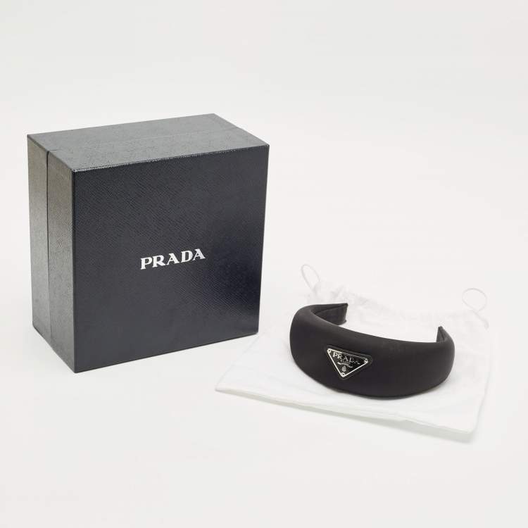 Pre Owned Prada Black Satin Triangle Logo Wide Headband 