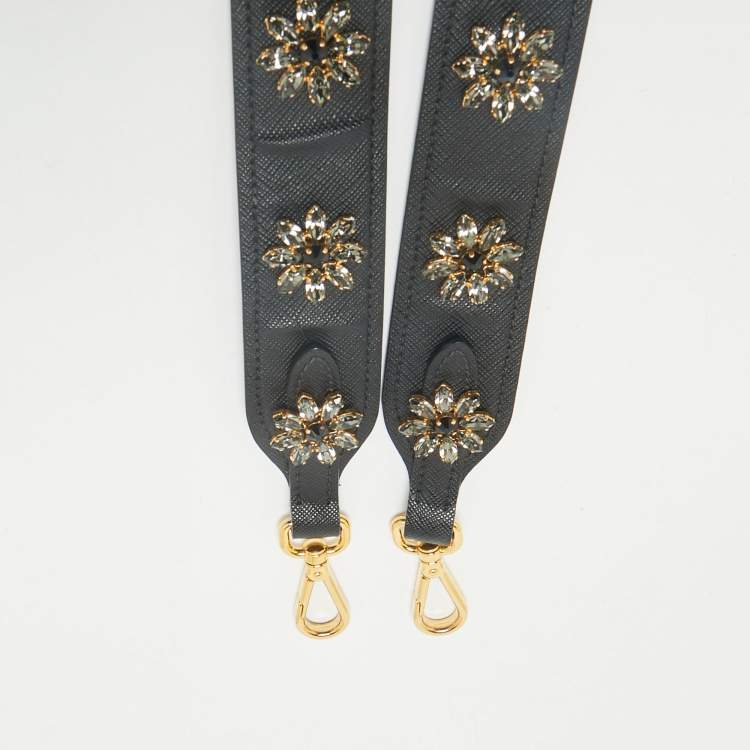Pre Owned Prada Black Leather Floral Crystals Embellished Shoulder Bag Strap
