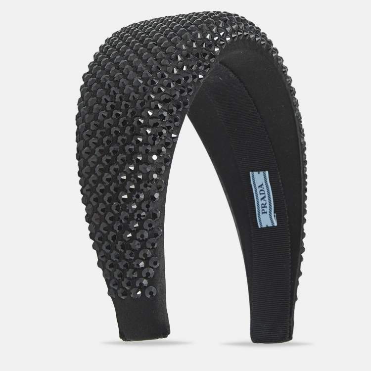 Pre Owned Prada Black Crystal Embellished Satin Wide Headband 