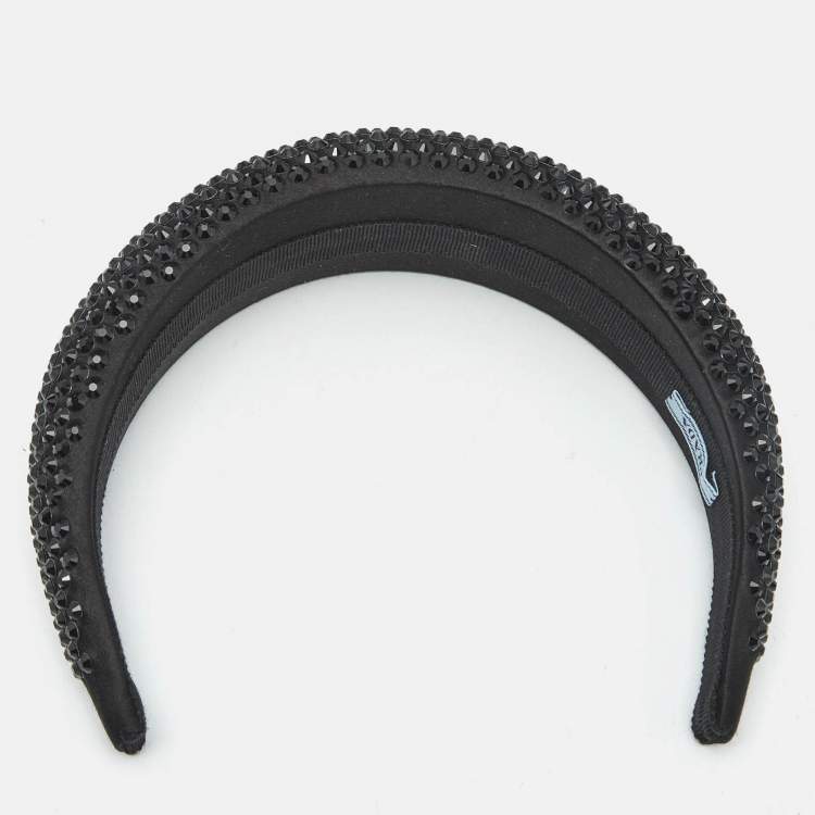 Pre Owned Prada Black Crystal Embellished Satin Wide Headband 