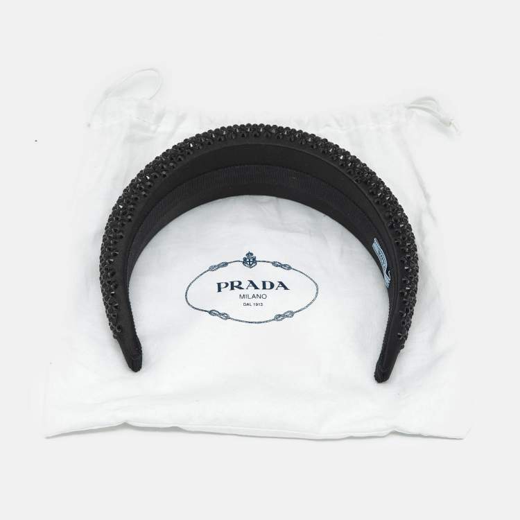Pre Owned Prada Black Crystal Embellished Satin Wide Headband 