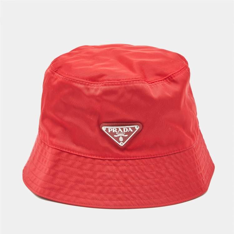 Pre Owned Prada Red Nylon Logo Triangle Plaque Bucket Hat M