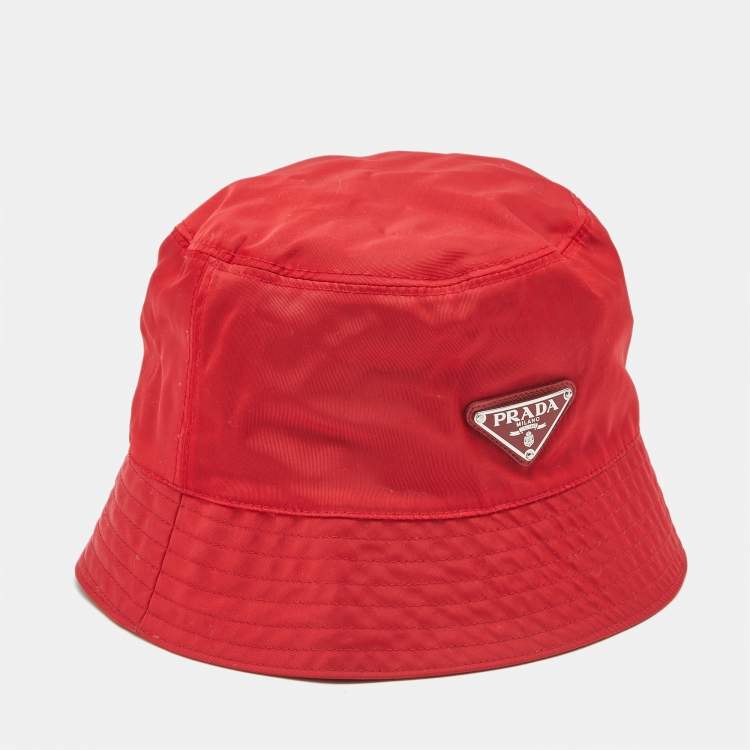 Pre Owned Prada Red Nylon Logo Triangle Plaque Bucket Hat M