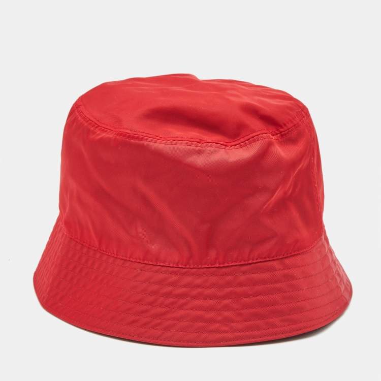Pre Owned Prada Red Nylon Logo Triangle Plaque Bucket Hat M
