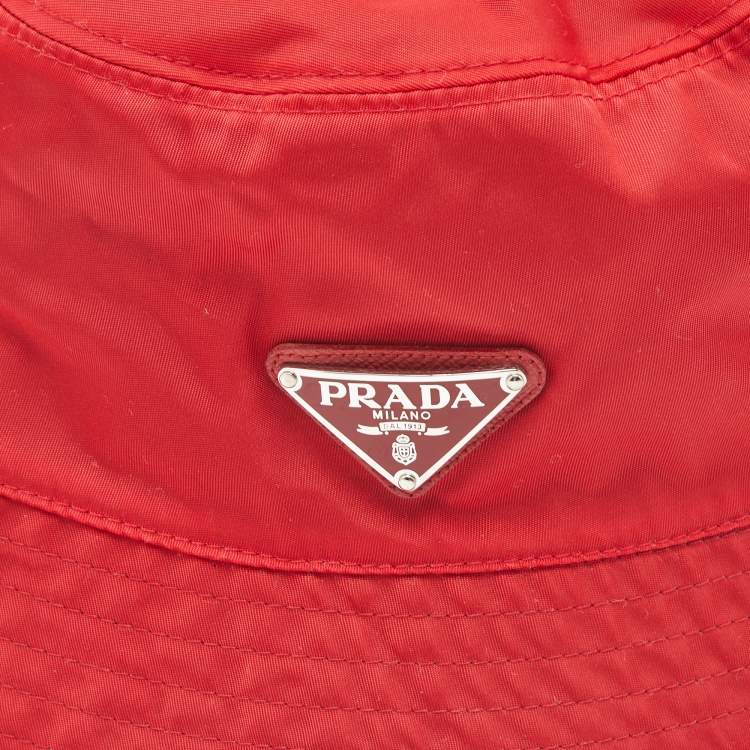 Pre Owned Prada Red Nylon Logo Triangle Plaque Bucket Hat M