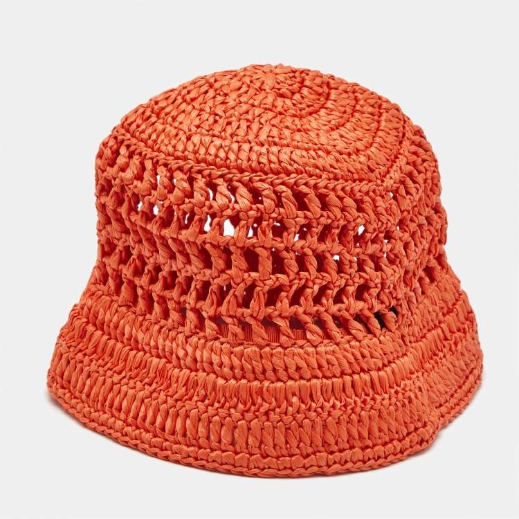 Pre Owned Prada Orange Logo Crochet Raffia Bucket Hat 