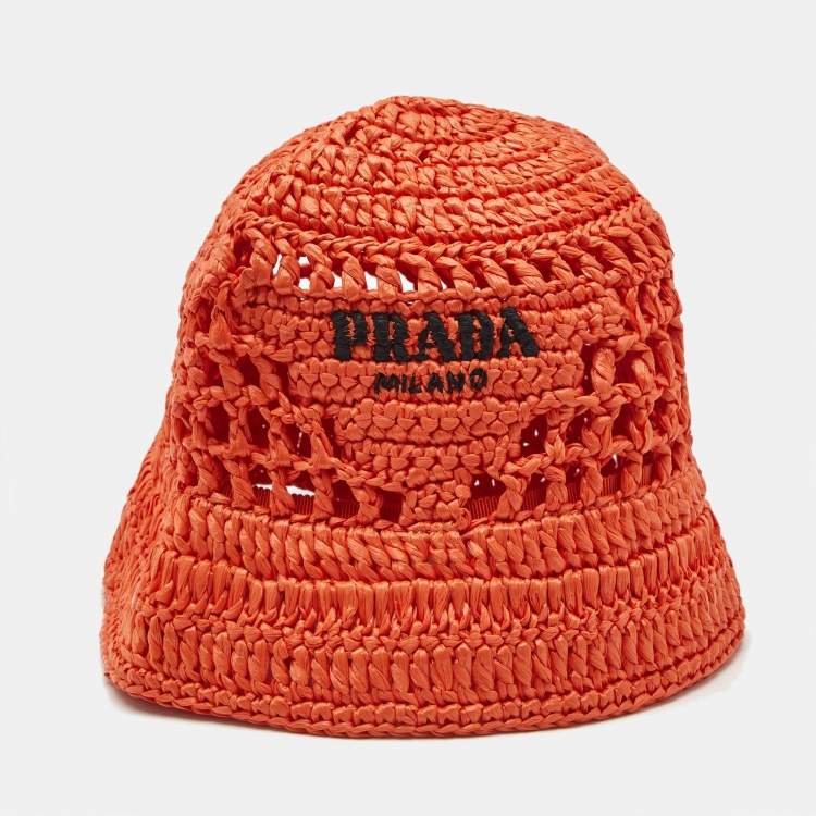 Pre Owned Prada Orange Logo Crochet Raffia Bucket Hat 