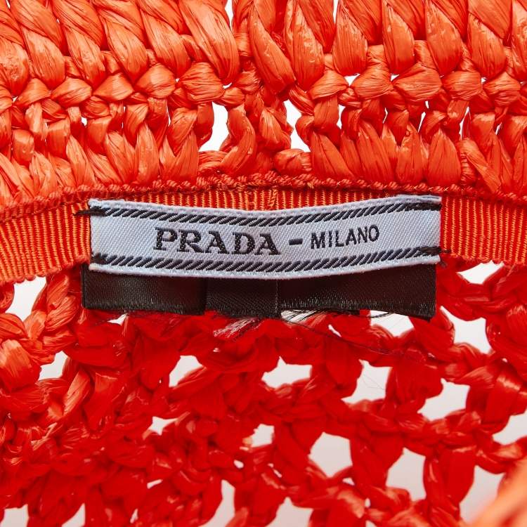 Pre Owned Prada Orange Logo Crochet Raffia Bucket Hat 