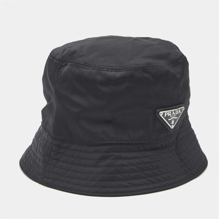 Pre Owned Prada Black Synthetic Triangle Logo Plaque Bucket Hat L