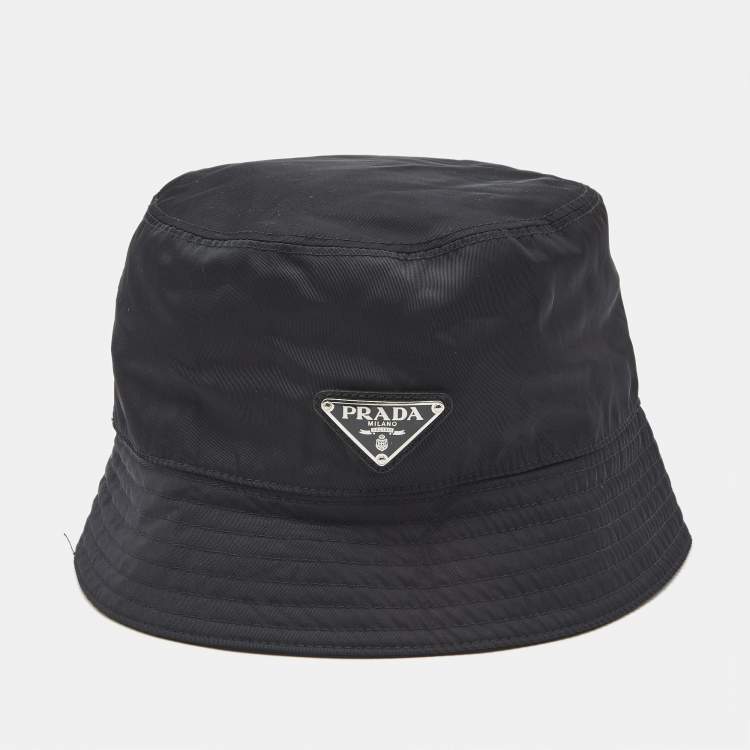 Pre Owned Prada Black Synthetic Triangle Logo Plaque Bucket Hat L
