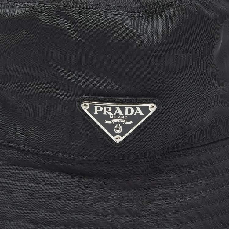 Pre Owned Prada Black Synthetic Triangle Logo Plaque Bucket Hat L