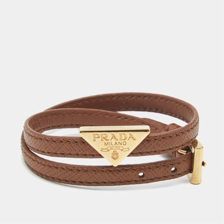 Pre Owned Prada  Brown Triangle Logo Brown Leather Gold Tone Double Wrap Bracelet