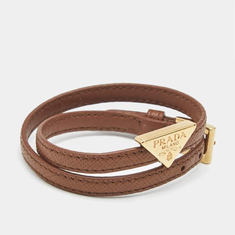 Pre Owned Prada  Brown Triangle Logo Brown Leather Gold Tone Double Wrap Bracelet