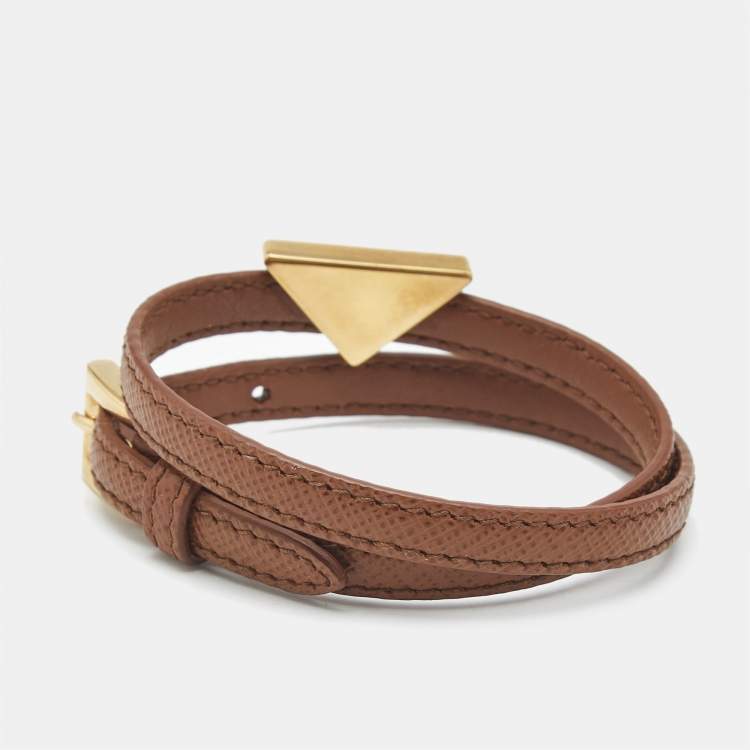 Pre Owned Prada  Brown Triangle Logo Brown Leather Gold Tone Double Wrap Bracelet