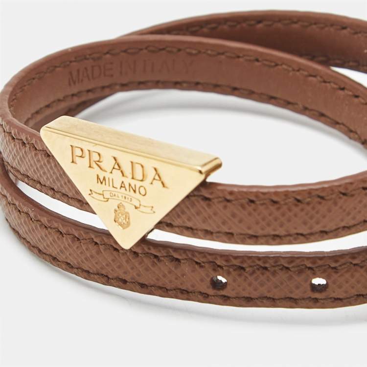 Pre Owned Prada  Brown Triangle Logo Brown Leather Gold Tone Double Wrap Bracelet