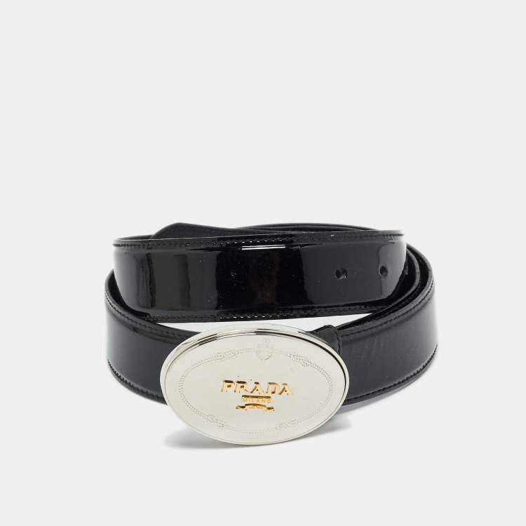 Pre Owned Prada Black Patent Leather Logo Plaque Buckle Belt 95 CM