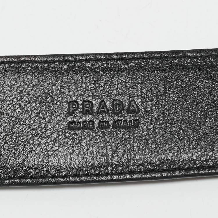 Pre Owned Prada Black Patent Leather Logo Plaque Buckle Belt 95 CM