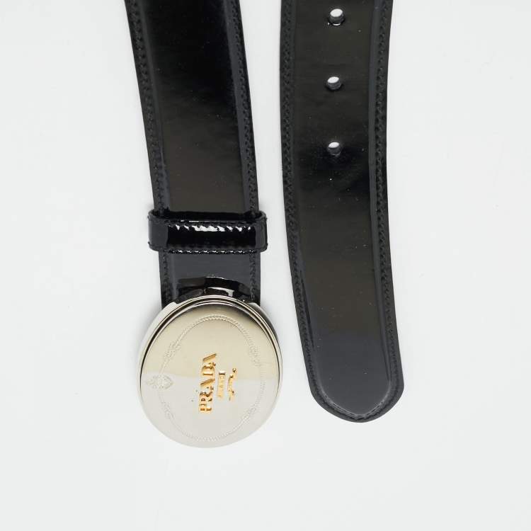 Pre Owned Prada Black Patent Leather Logo Plaque Buckle Belt 95 CM