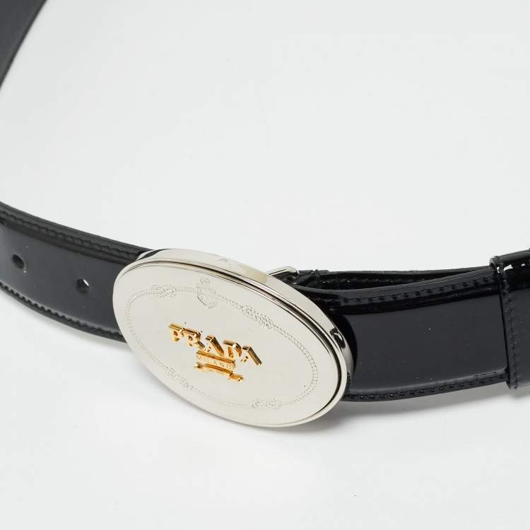 Pre Owned Prada Black Patent Leather Logo Plaque Buckle Belt 95 CM