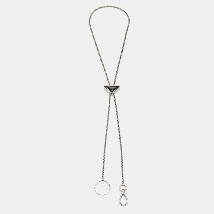 Pre Owned Prada Triangle Logo Enamel Silver Tone Keychain Necklace