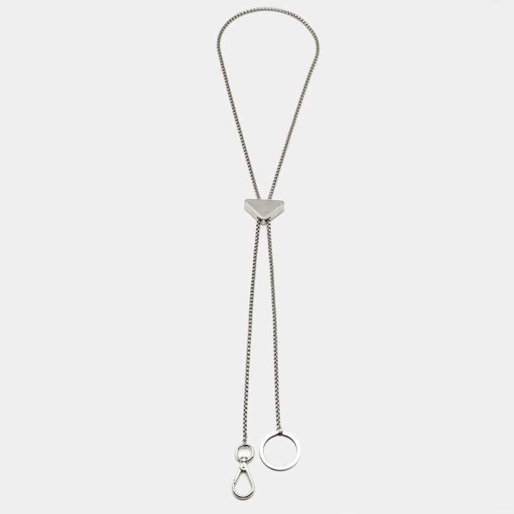 Pre Owned Prada Triangle Logo Enamel Silver Tone Keychain Necklace