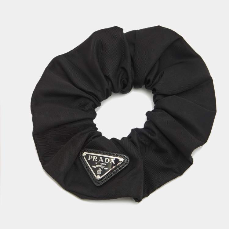 Pre Owned Prada Black Nylon Logo Plaque  Hair Scrunchie
