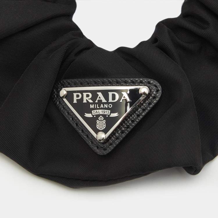 Pre Owned Prada Black Nylon Logo Plaque  Hair Scrunchie