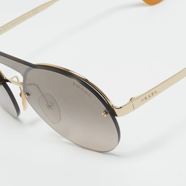 Pre Owned Prada Brown/Mustard Mirrored SPR 65T Round Sunglasses