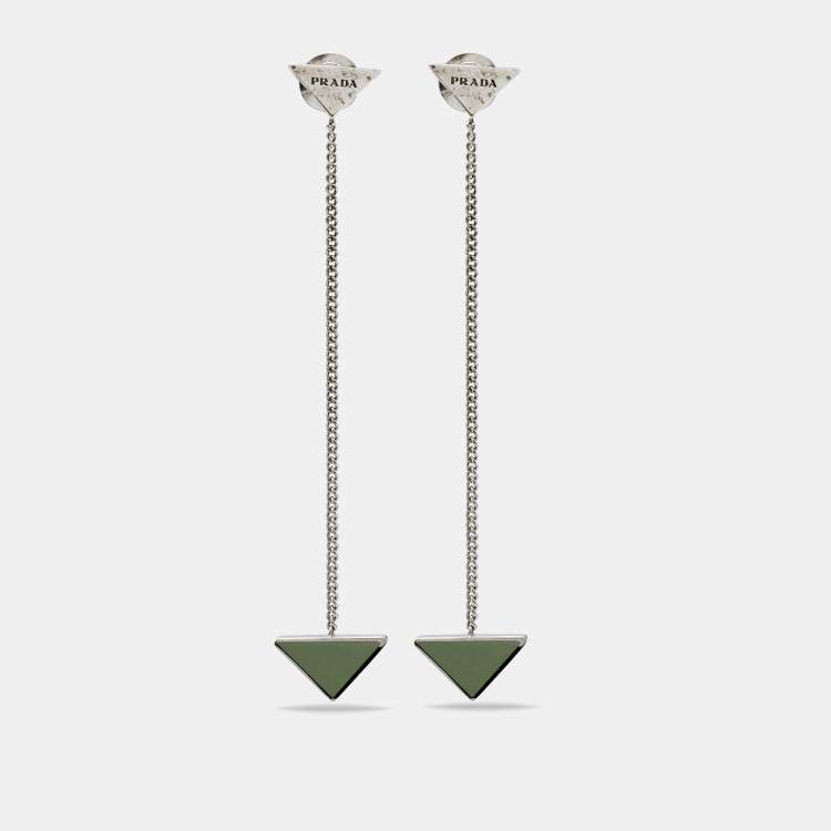 Pre Owned Prada Triangle Enamel Sterling Silver Chain Drop Earrings