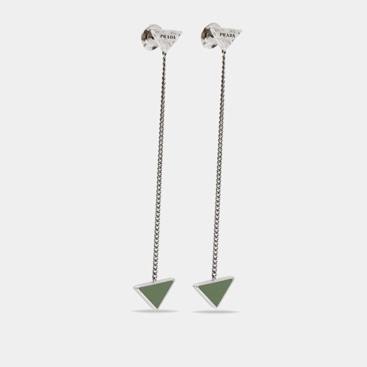 Pre Owned Prada Triangle Enamel Sterling Silver Chain Drop Earrings