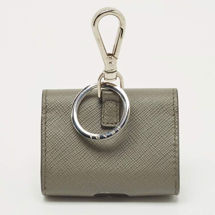 Pre Owned Prada Grey Saffiano Leather Logo Headphone Case