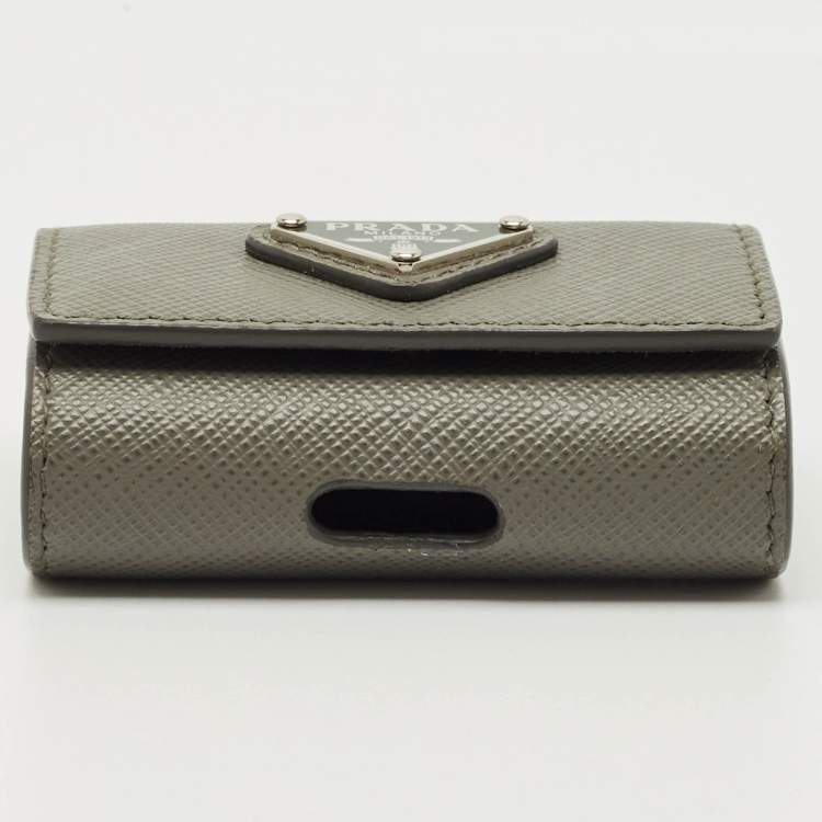 Pre Owned Prada Grey Saffiano Leather Logo Headphone Case