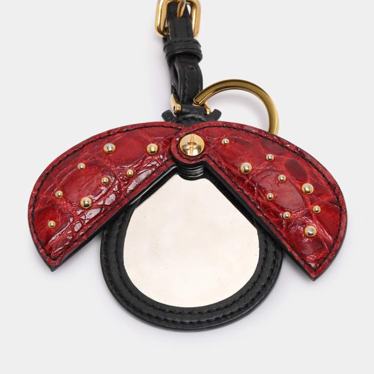 Pre Owned Prada Red/Black Leather and Croc Embossed Ladybug Mirror Bag Charm