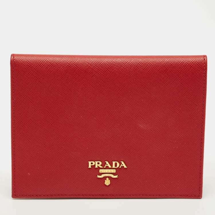 Pre Owned Prada Red Saffiano Metal Leather Logo Passport Holder