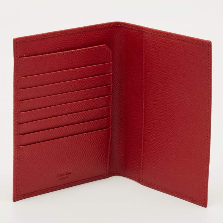 Pre Owned Prada Red Saffiano Metal Leather Logo Passport Holder