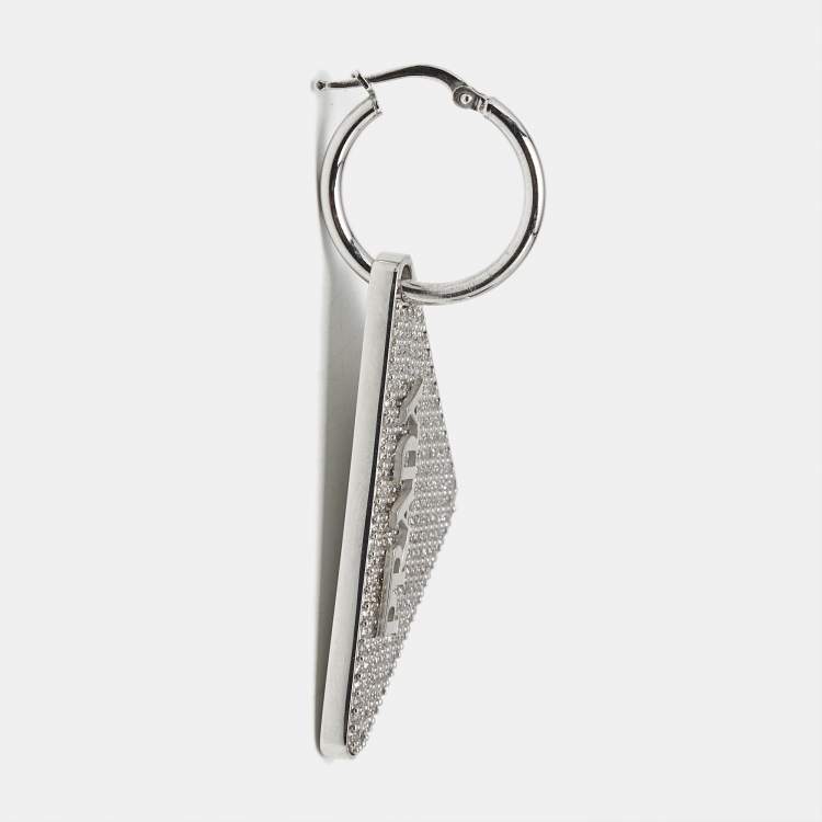 Pre Owned Prada Logo Symbole Crystals Sterling Silver Single Earring