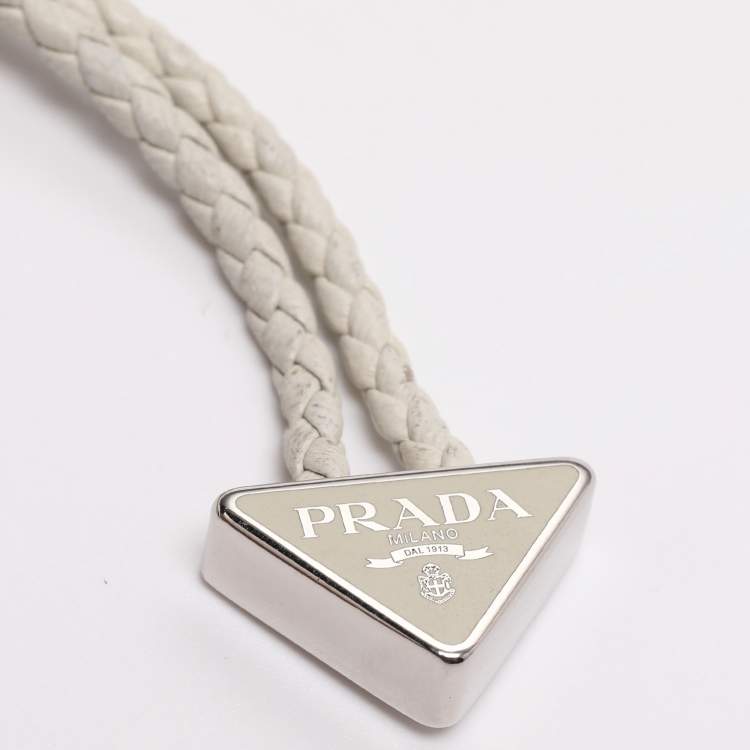 Pre Owned Prada Off-White Braided Leather Triangle Charm Bracelet
