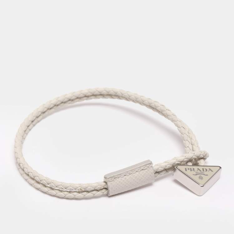 Pre Owned Prada Off-White Braided Leather Triangle Charm Bracelet