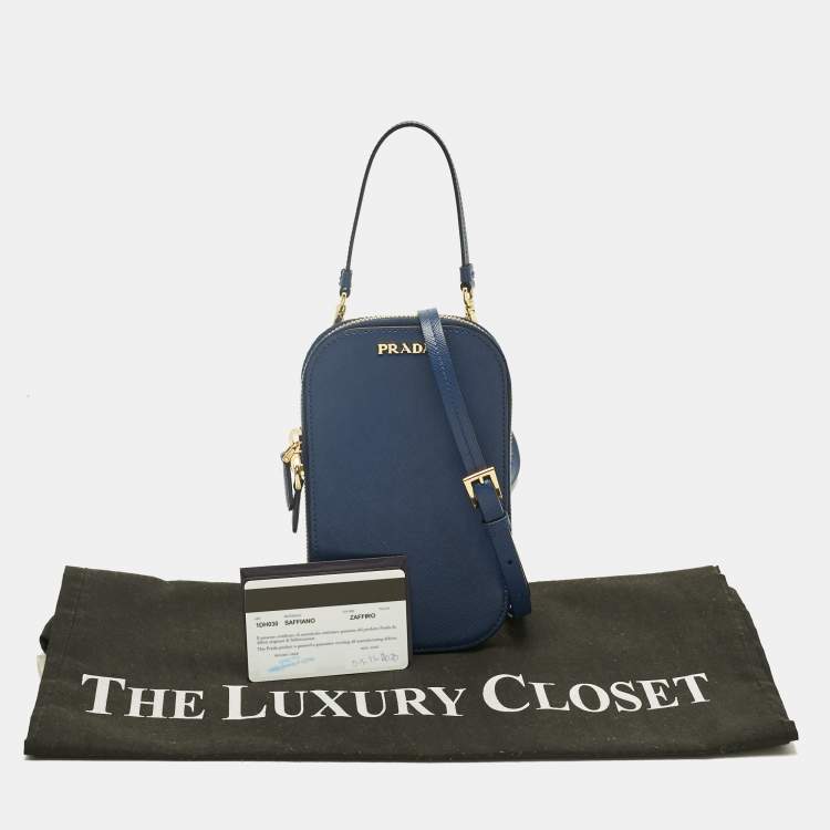 Pre Owned Prada Navy Blue Saffiano Lux Leather Phone Crossbody Bag