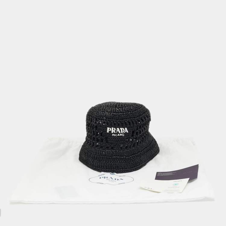 Pre Owned Prada Black Logo Crochet Raffia Bucket Hat M