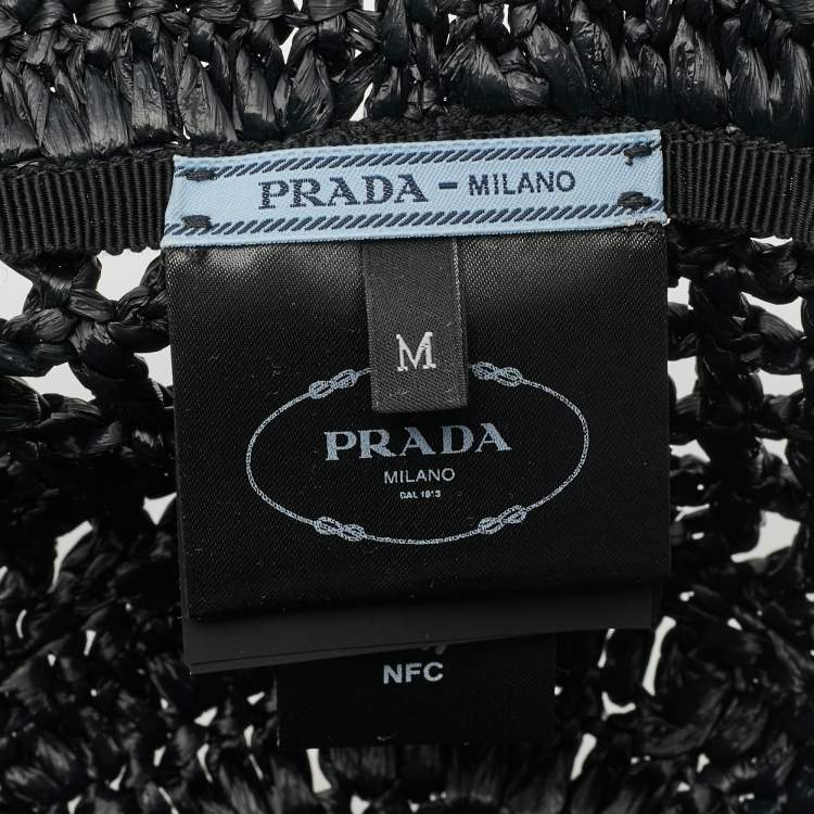 Pre Owned Prada Black Logo Crochet Raffia Bucket Hat M