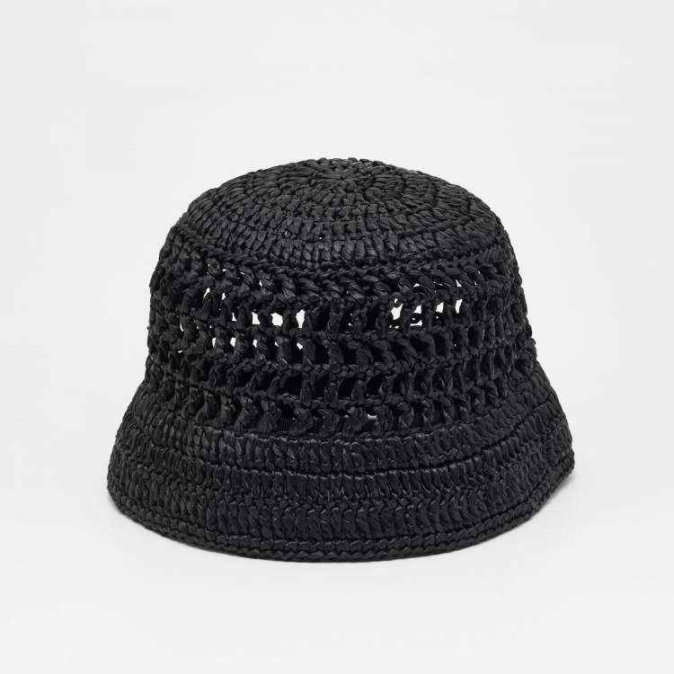 Pre Owned Prada Black Logo Crochet Raffia Bucket Hat M