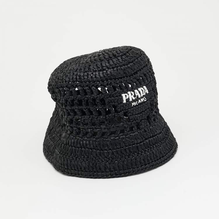 Pre Owned Prada Black Logo Crochet Raffia Bucket Hat M
