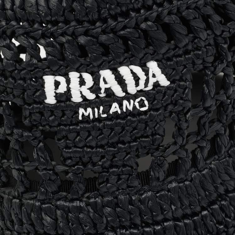 Pre Owned Prada Black Logo Crochet Raffia Bucket Hat M