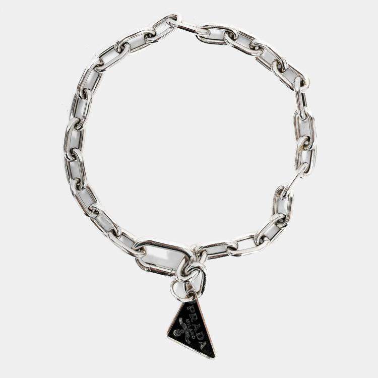 Pre Owned Prada Silver Tone Triangle Logo Charm Bracelet