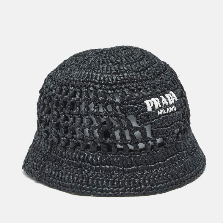 Pre Owned Prada Black Logo Crochet Raffia Bucket Hat M
