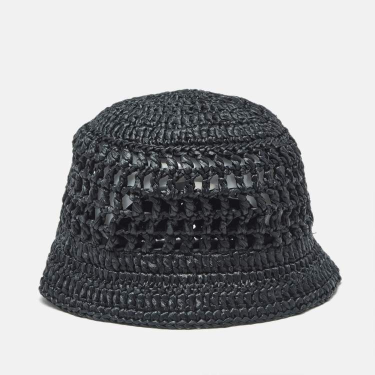 Pre Owned Prada Black Logo Crochet Raffia Bucket Hat M
