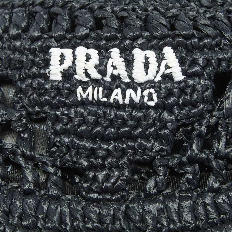 Pre Owned Prada Black Logo Crochet Raffia Bucket Hat M