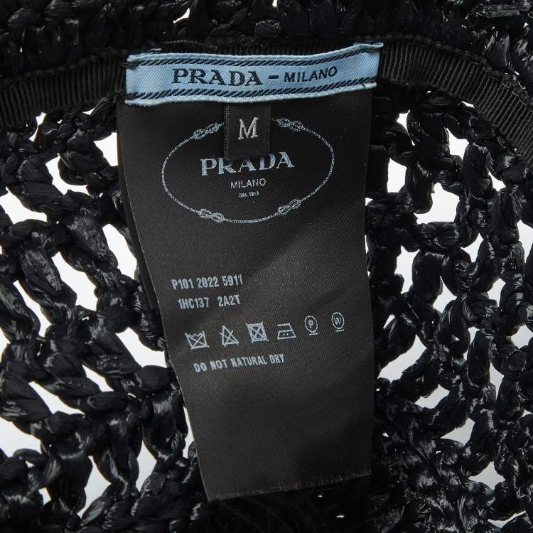 Pre Owned Prada Black Logo Crochet Raffia Bucket Hat M